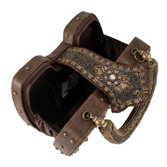 Mary Frances Lock it Up Beaded Handle Bag Leather Handbag Brown Gold Purse NEW - Picture 5 of 7